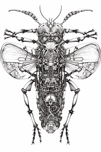 A surreal vector illustration of a giant mechanical insect, featuring intricate details and a unique design white background