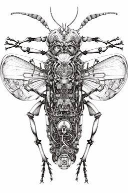 A surreal vector illustration of a giant mechanical insect, featuring intricate details and a unique design white background