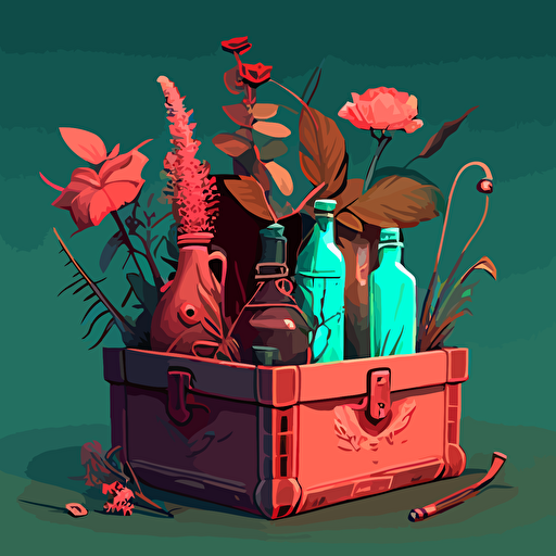 a collection of bottles and flowers on an empty crate, in the style of surreal illustrations, 2D, vectorial illustration, architectural illustrator, light red and cyan, dinocore, videogame, witchy academia