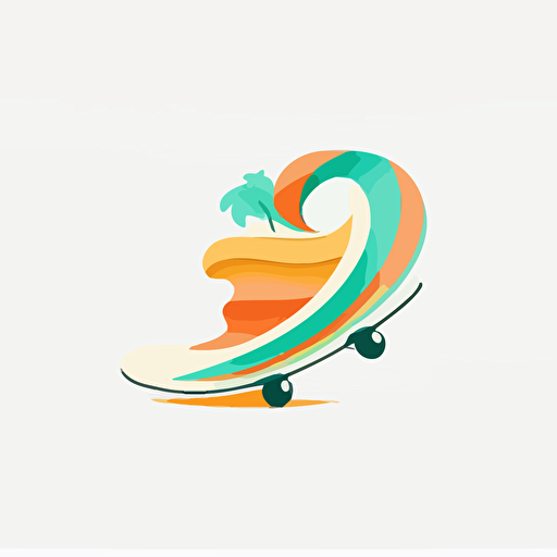 logo, minimalist, white background, vector style, a wave with a base and wheels of a skate board, retro, beach colors