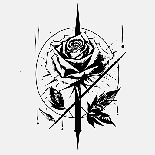 minimal vector art sigil of a rose and a blade, sharp, simple design, black on white backdrop