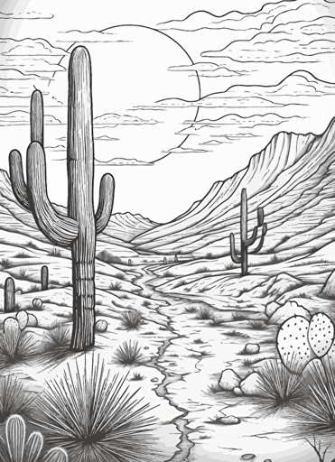 2d illustration, simple vector magical desert coloring page