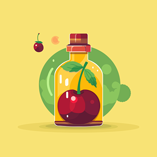 A single spheric glass bottle: inside a piece of bee's wax and and a pair of cherries. Flat vector illustration in the style of Kurzgesagt.