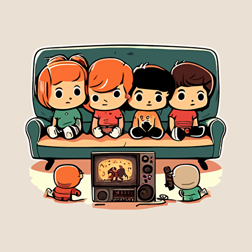 vector image, cartoon style, a group of chibi people sitting on a couch watching a television