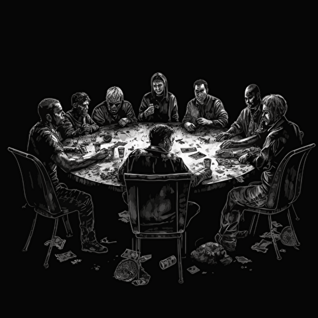 robbers, thieves and gangsters at the last supper. Money on the table. Highly detailed. Uhd. 16k vector image. Drawing. Black background. Paint drips.