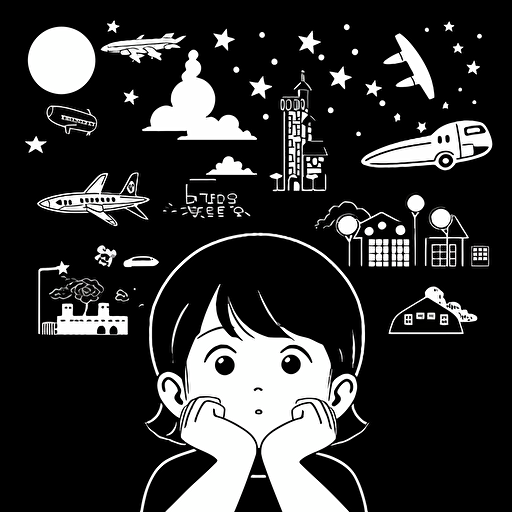 Illustrations of children happily thinking about the future, flat design,vector art, line drawing, black and white, simple and beautiful,