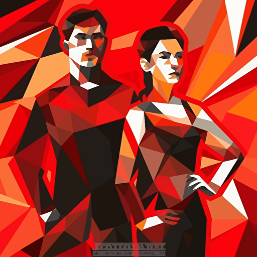 sports guy and girl in the style of the ussr poster, black and red colors, vector art polygon style