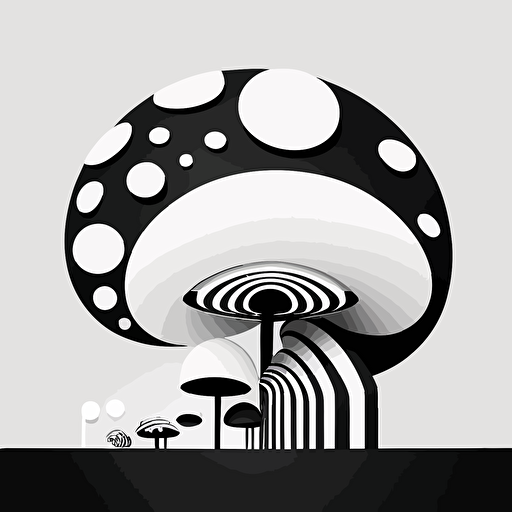 whimsical mushroom in style of Tom Whalen, abstract, simple, black and white, flat, vector, line drawling, white background ar 1:1