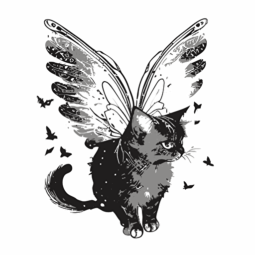 cat with fairy wings ink illustration, vector, white background
