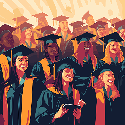 Vector illustration of college school students at their graduation at school, with smile,wide shot, all races, in vivid colors