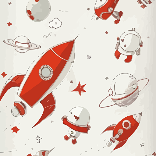 kids wall paper texture seamless white background red line drawing spaceships stars planets minimalist vector