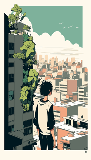 tokyo style rooftops with an urban garden, floating over the white clouds, complete sideview, shilouettes relaxing in the paradise like gardens, manga comic style, vector illustration, simple flat design, simple white background