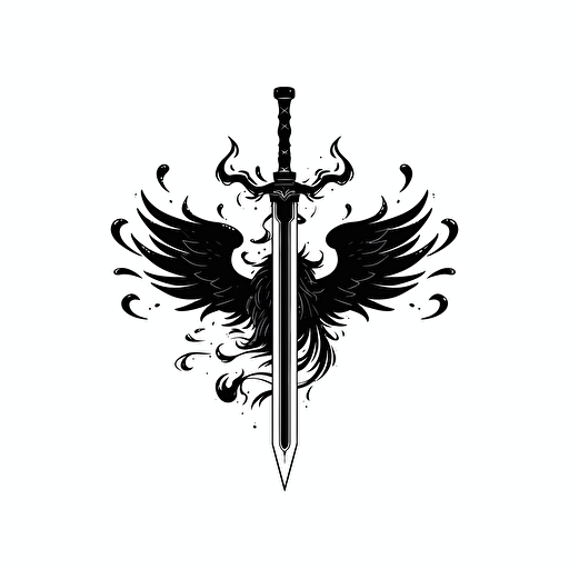 black logo of a sword that turns into a fountain pen with dragon wings and swirling ink, minimalistic, black logo on a white background, vector logo design