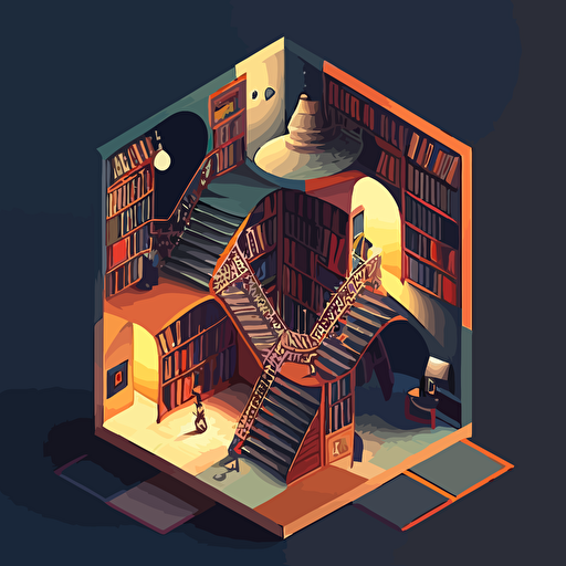 Based on M.C. Escher's optical illusions, design a vector illustration of a library where staircases connect bookshelves in impossible ways, with people reading and exploring the space. Set the scene under a soft, magical light.