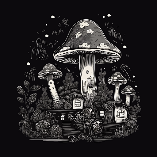 Cabin mushroom forest cottagecore vector design on black background