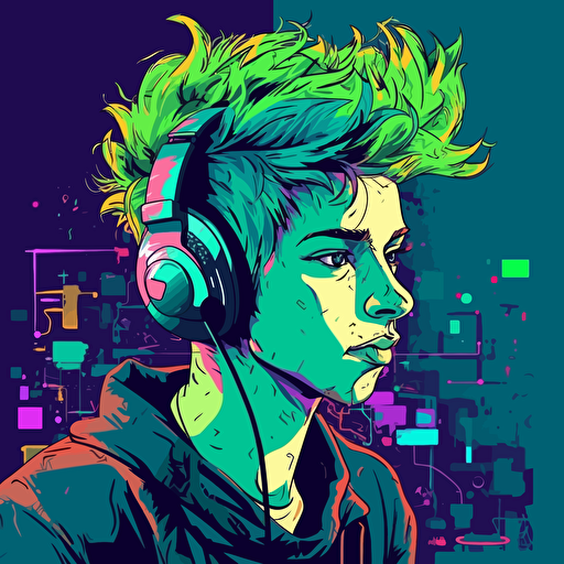 vector illustration of young man with computer head and green green hair, in vivid colors