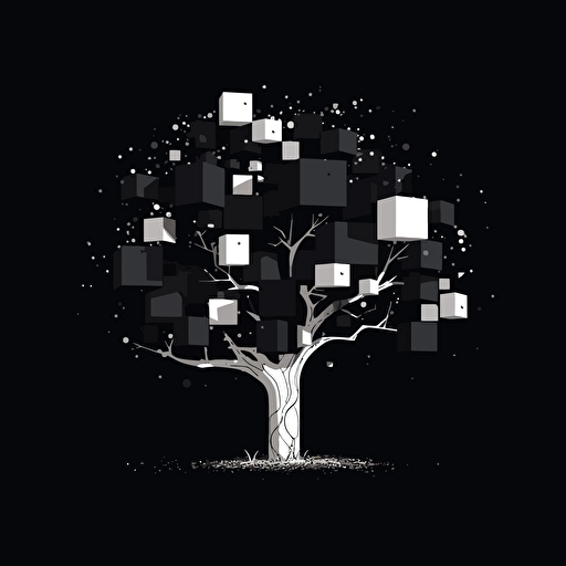 Black background contrasted by a white vectorise and minimal style cube tree