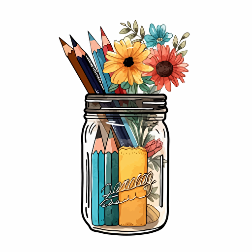 watercolor vector illustration boho pencils and pens in a mason jar sticker white background