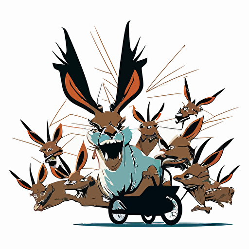 adorable jackalope on a tricycle fleeing from a pack of angry dogs, head on perspective, vector logo, vector art, emblem, simple cartoon, 2d, no text, white background