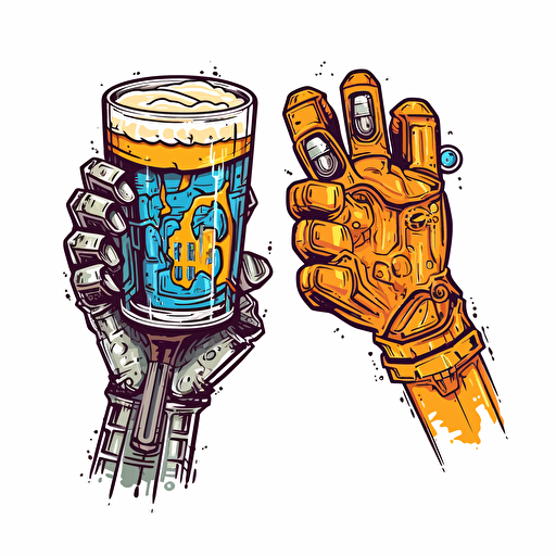arm of a robot cheers beer with arm of a man, cartoon graffiti, vector, no background