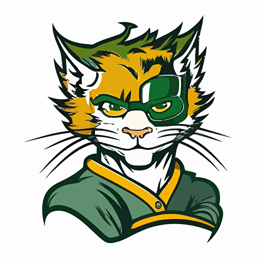 A silly cat-man who plays for the Green Bay Packers, crosseyed, sports logo style, white background, vector