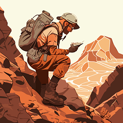 a geologist that looks lost but is actually prospecting for rocks in a vector art style