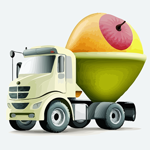 concrete mixer truck with pear fruit, vivid colors, white background, vector style
