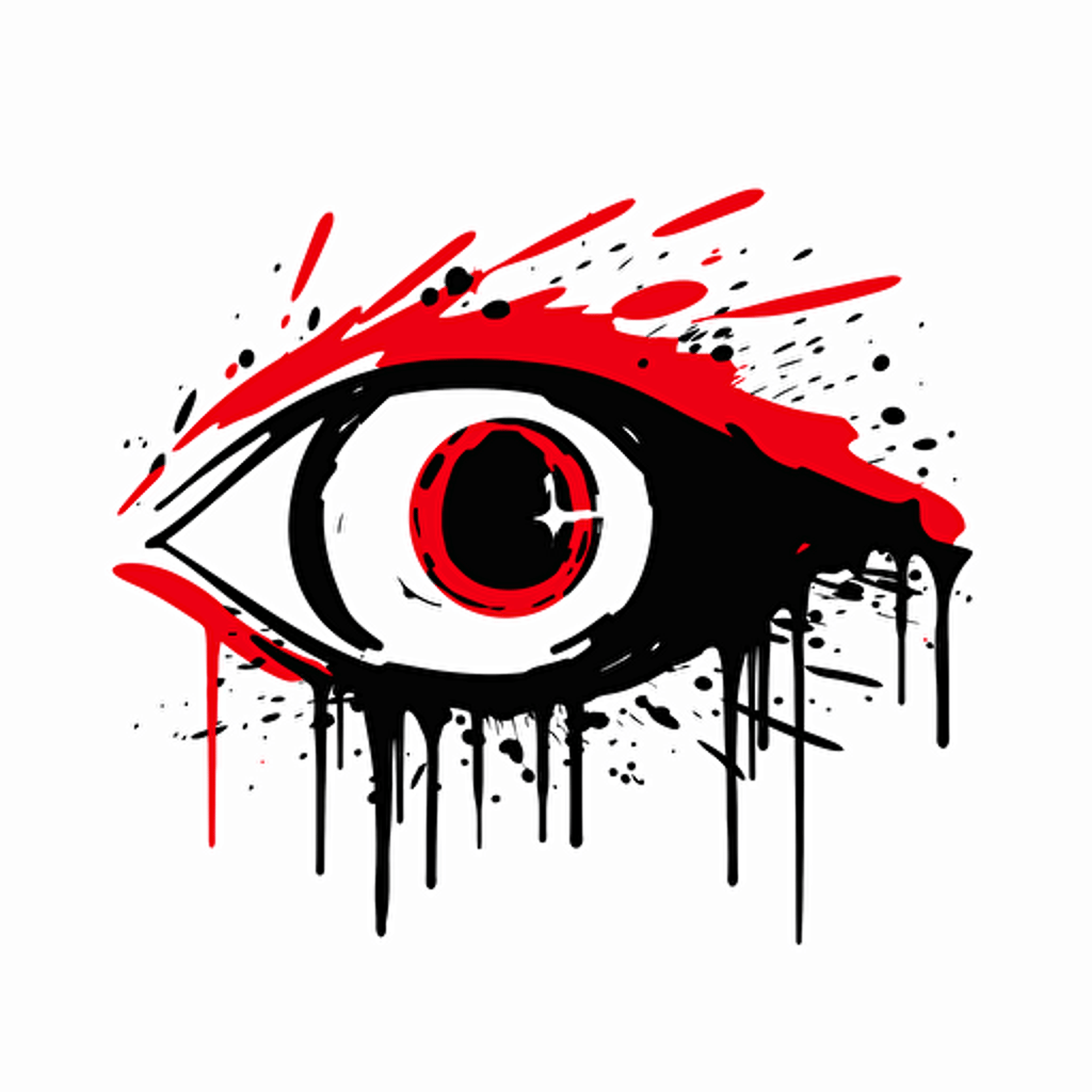 an abstract,minimalistic drawing of an eye looking confused a little happy and suprised, vector black and white, background red