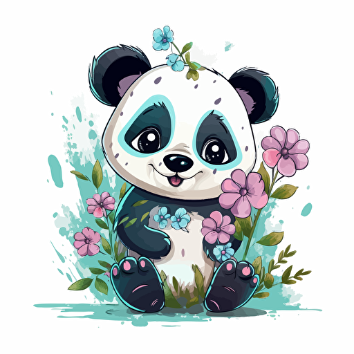 cute panda, flowers, detailed, cartoon style, 2d clipart vector, creative and imaginative, hd, white background