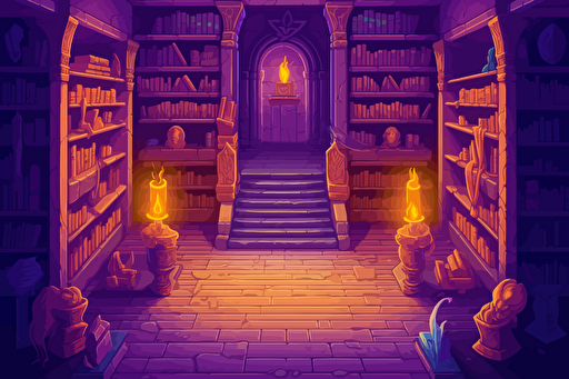 mystical underground library by Paul Gustaf Dore. Bookshelves, piles of books, scrolls, golden & white decor, marble floor, purple and gold carpets, purple glowing braziers, mystical, biblical copperplate art, retro 90s box art, vector style, inking, retro game, pixel art, high detail, less warm colors