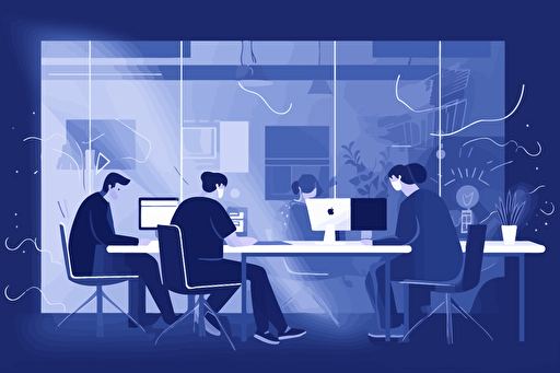 People in an office committing hate crimes, flat style illustration for business ideas, flat design vector, industrial, light and magical, high resolution, entrepreneur, colored cartoon style, light indigo and dark indigo, cad( computer aided design) , white background