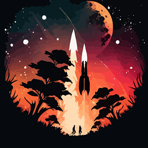 An illustration for colorbook featuring rockets launching into the galaxy, silhoutte, vector, do not use color.