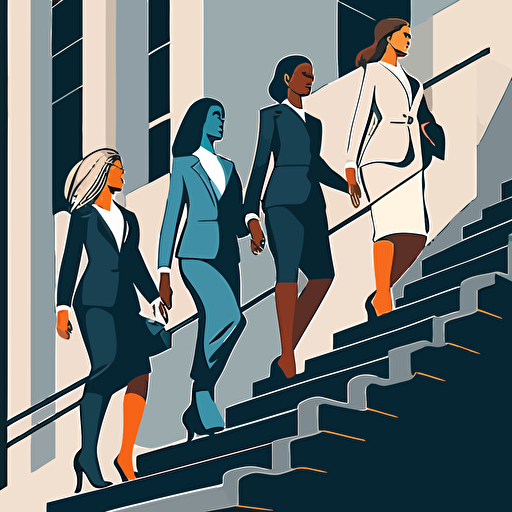 Four women in business suits, as top managers, climb stairs to the top, detailed vector illustration illustration