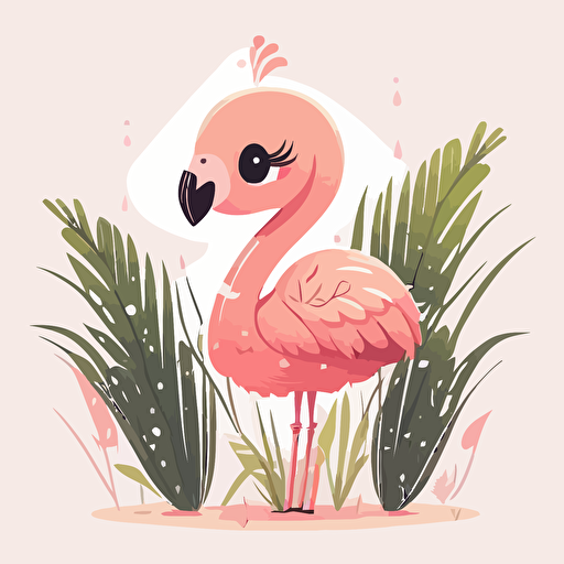 Vector cute kawaii flamingo, white background, tall grass,pastel colors,winking,looking at the camera,thick legs ,clip art,no background