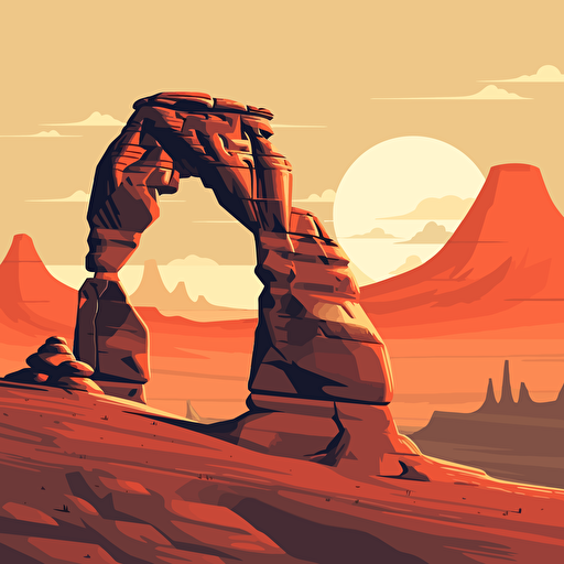 Delicate Arch Moab with mountains behind it, 2d vector, flat design, minimalism, illustration, bright, sunny