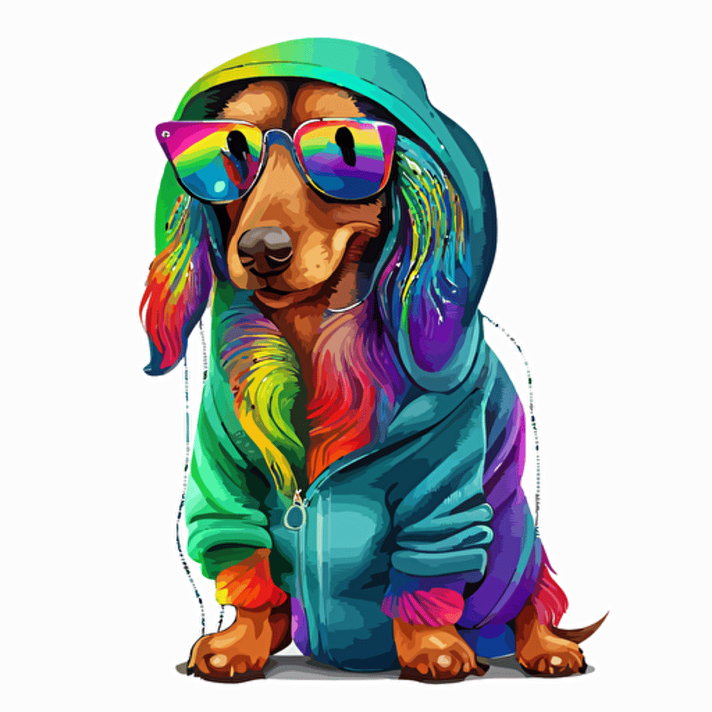 standard dachshund with tail + wearing a hoodie and cool sunglasses, anthropomorphic, vector illustration, vibrant colors, dye-sublimation, white background