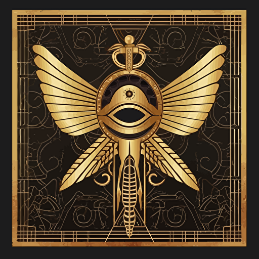 subscription box print design, gold color Ankh, eye of Ra, scarab pattern, vector art, 2d minimal