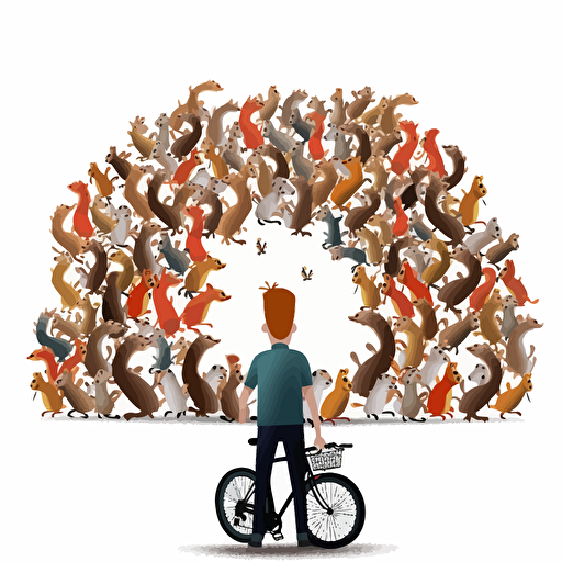 vector design from behind a squirrel, arms raised, looking out at a crowd of other squirrels and bicycles, white background, bicycle rim border, syracuse ny setting, hd, pixar style,