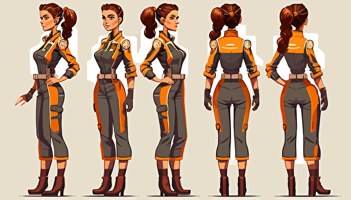 character design, vector illustration, female mechanic sci fi, front side back views, 6 panels