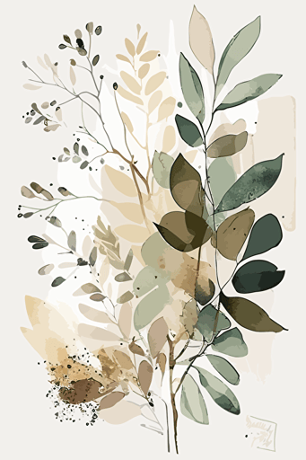 Simple neutral beige and green abstract watercolour botanical illustration, vector