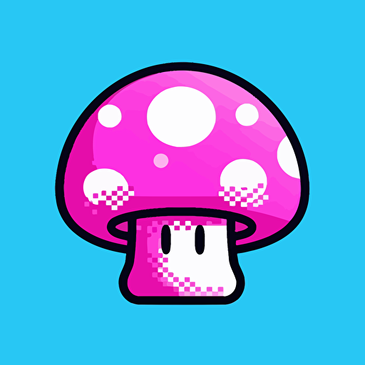 8-bit outline of pink and teal happy mushroom with translucent magenta spots, Mario Nintendo style, Vector Art, 2D, Outline