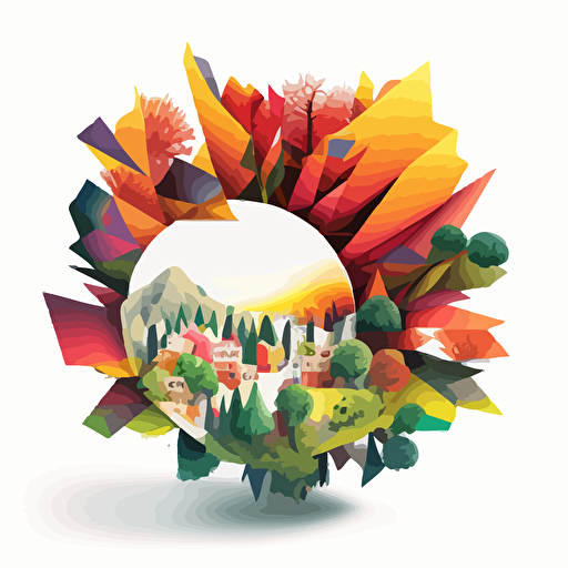 a 180°C geometric shape that explodes with a small town inside. Nature is represented. Vector and childish style. Very colored. white background without shadow.