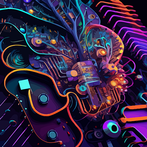 electric circuitry, crystal structues, vibrant colours, intricate detail, vectorised, LSD vision, v 5