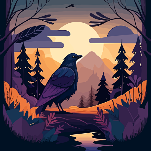 a raven on forest trail. forest, mountain line, sunset. Cute, happy, vector, game design.