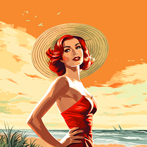 girl on the beach, pin-up style, vector style