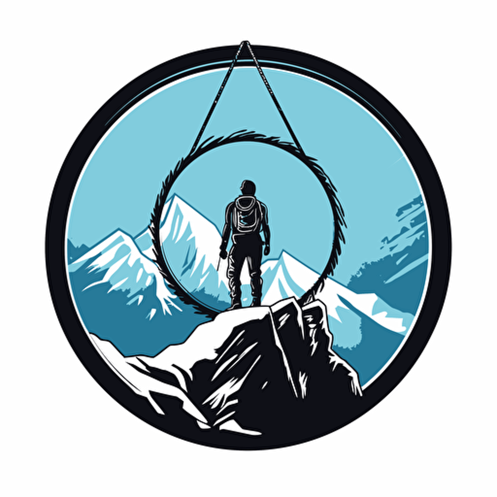 alpine climber logo, snowy mountain, black to ice blue, carabiner, vector white back ground
