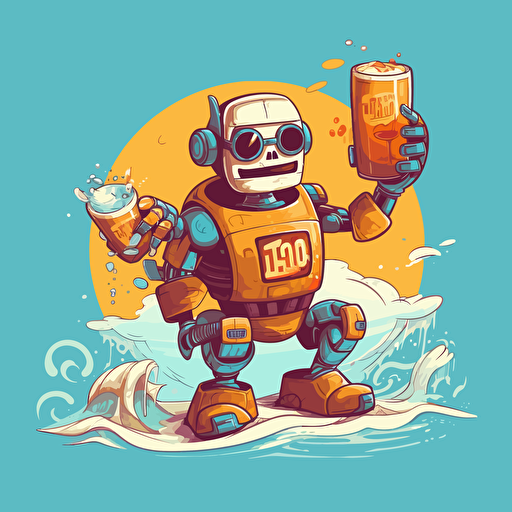 happy robot holding a beer, cartoon graffiti, vector, no background, surfer