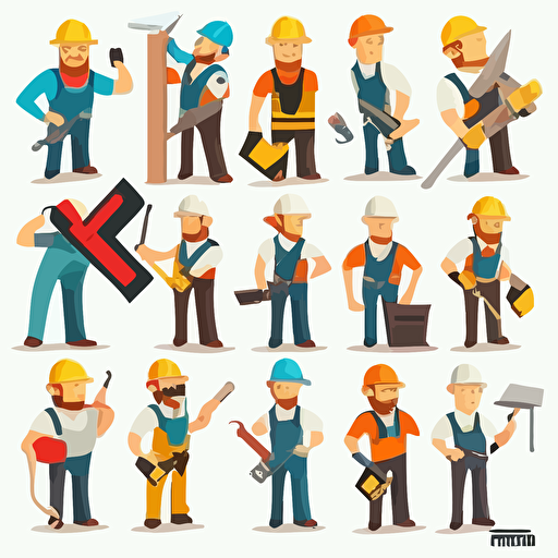 12 yaers old Builders Wearing Hard Hat with Construction Tools Executing Work Vector Set, different poses, isolated, white background