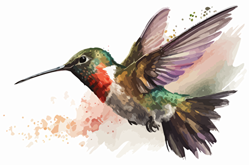Ruby-throated Hummingbird flying watercolored, white background, vector file, high resolution, great detail