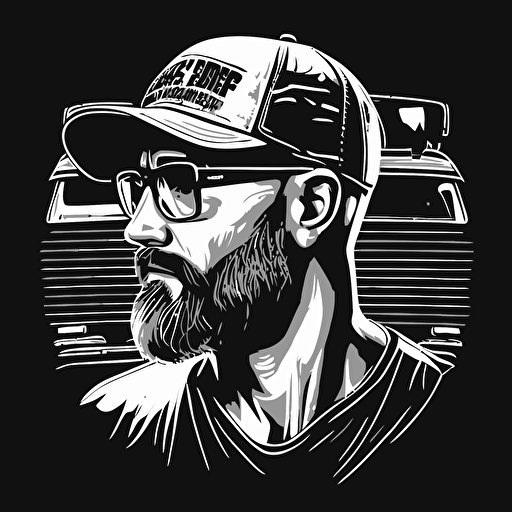 vector, black and white, man face with trucker cap, beard, pasta glasses, bald, 2d